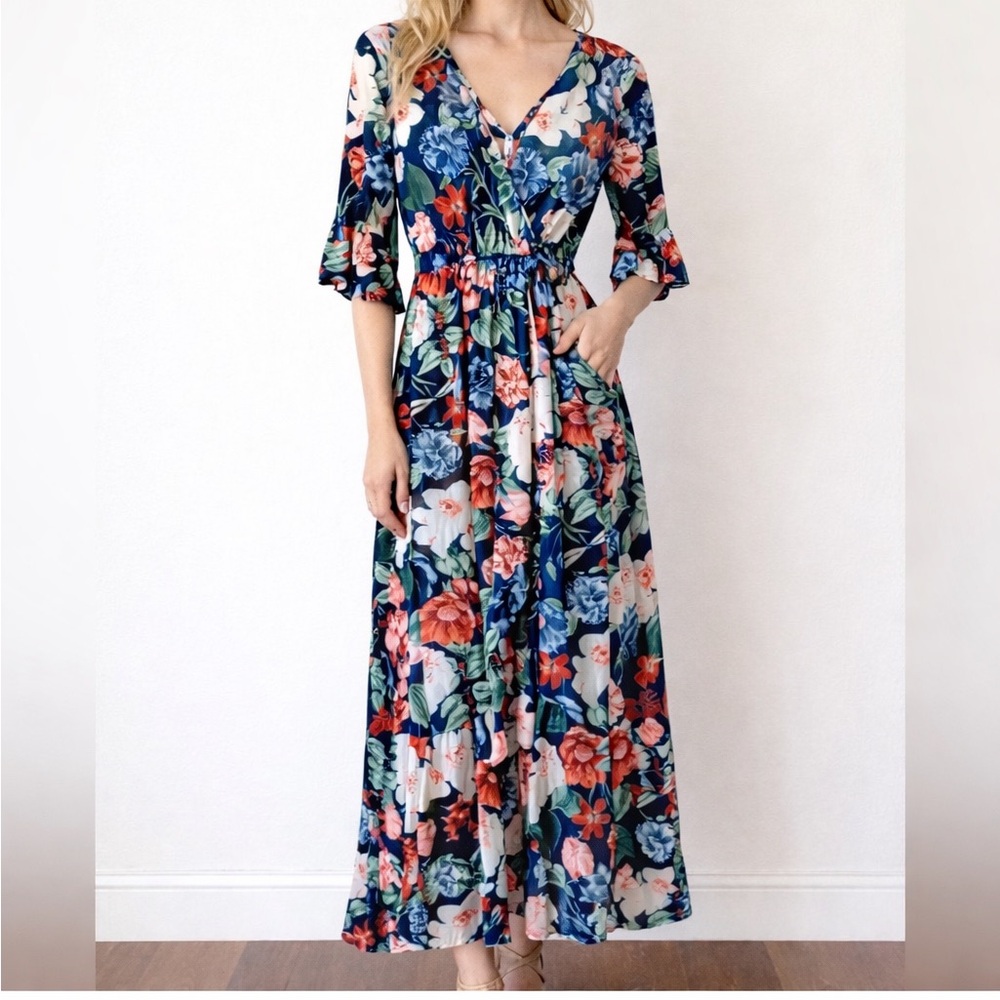 Floral Flounce Sleeve Boho Chic Maxi Faux Wrap Dress Cottagecore Coastal Small